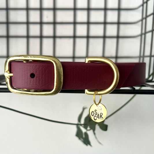 Dettaglio del collare Oscar & Co, con fibbia in ottone massiccio e ciondolo con logo, un accessorio elegante e resistente per il tuo cane.